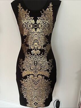 WOW couture Black Dress with Gold Filigree Midi